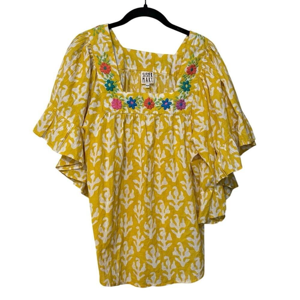 Sister Mary Yellow Embroidered Floral Square-Neck Blouse